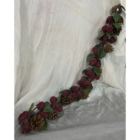 Sugar Beaded Faux Red Fruits w/ Pinecones Decorative Garland Holiday Christmas - Picture 1 of 8